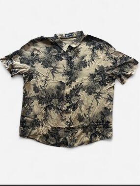 Atlanl tan and black Asian floral print button-up shirt - XL
